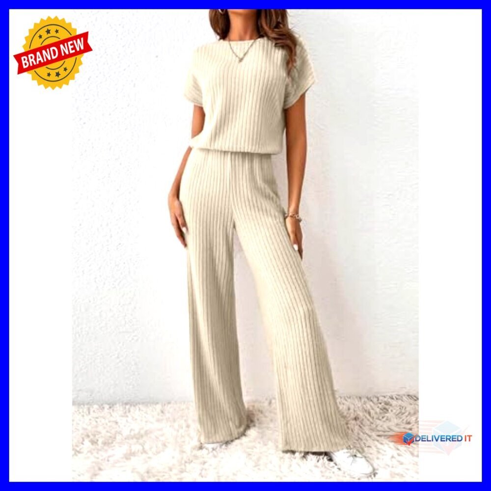 Ribbed Crewneck Jumpsuit Wide Leg Stretchy Casual Chic Loose Fit Romper - Picture 3 of 7